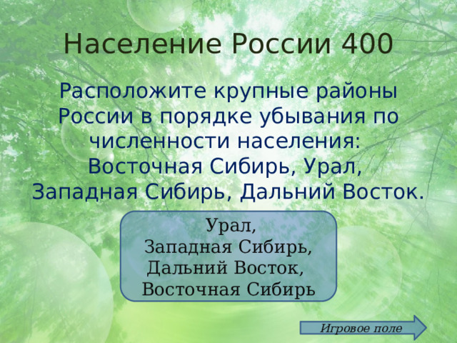 Население России 400 Расположите крупные районы России в порядке убывания по численности населения: Восточная Сибирь, Урал, Западная Сибирь, Дальний Восток.  Урал, Западная Сибирь, Дальний Восток, Восточная Сибирь Игровое поле 