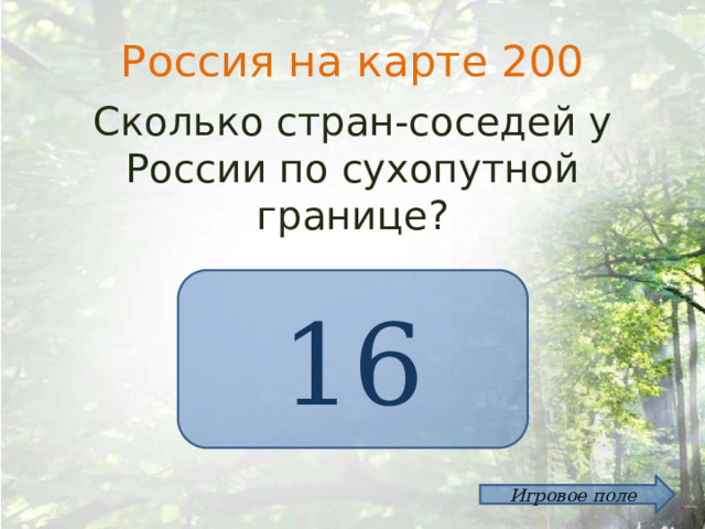 Россия на карте 200 Сколько стран-соседей у России по сухопутной границе? 16 Игровое поле 