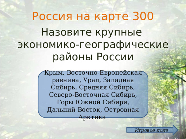Россия на карте 300 Назовите крупные экономико-географические районы России Крым, Восточно-Европейская равнина, Урал, Западная Сибирь, Средняя Сибирь, Северо-Восточная Сибирь, Горы Южной Сибири, Дальний Восток, Островная Арктика Игровое поле 