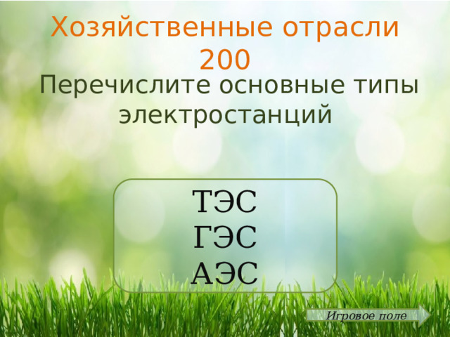 Хозяйственные отрасли 200  Перечислите основные типы электростанций ТЭС ГЭС АЭС Игровое поле 