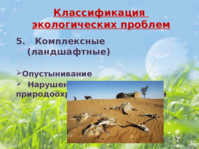 Классификация экологических проблем 5. Комплексные (ландшафтные)  Опустынивание  Нарушение режима природоохранных территорий 