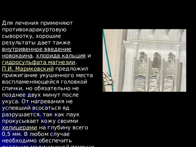 Для лечения применяют противокаракуртовую сыворотку, хорошие результаты дает также внутривенное введение  новокаина , хлорида кальция и гидросульфата магнезии . П.И. Мариковский предложил прижигание укушенного места воспламеняющейся головкой спички, но обязательно не позднее двух минут после укуса. От нагревания не успевший всосаться яд разрушается, так как паук прокусывает кожу своими хелицерами на глубину всего 0,5 мм. В любом случае необходимо обеспечить оказание медицинской помощи. 