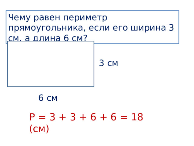 Чему равен периметр прямоугольника, если его ширина 3 см, а длина 6 см? 3 см 6 см Р = 3 + 3 + 6 + 6 = 18 (см) 