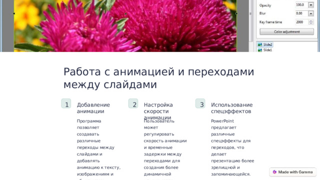Работа с анимацией и переходами между слайдами 3 2 1 Настройка скорости анимации Добавление анимации Использование спецэффектов Программа позволяет создавать различные переходы между слайдами и добавлять анимацию к тексту, изображениям и объектам на слайде. Пользователь может регулировать скорость анимации и временные задержки между переходами для создания более динамичной презентации. PowerPoint предлагает различные спецэффекты для переходов, что делает презентацию более зрелищной и запоминающейся.  
