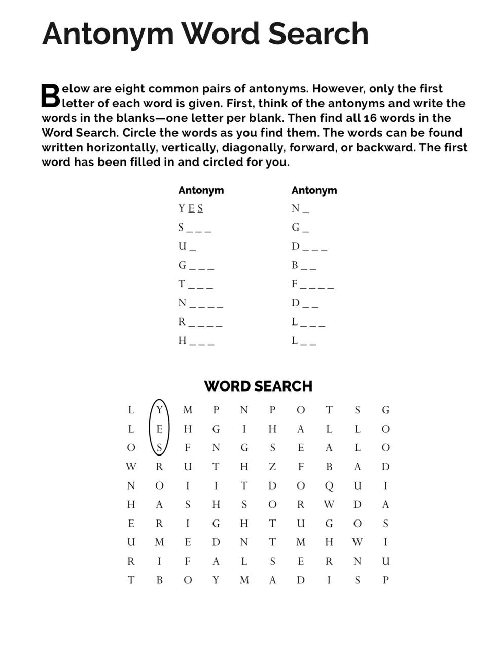 Antonym Word Search