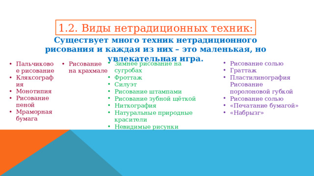 1.2. Виды нетрадиционных техник: Существует много техник нетрадиционного рисования и каждая из них – это маленькая, но увлекательная игра. Зимнее рисование на сугробах Фроттаж Силуэт Рисование штампами Рисование зубной щёткой Ниткография Натуральные природные красители Невидимые рисунки Рисование солью Граттаж Пластилинография Рисование поролоновой губкой Рисование солью «Печатание бумагой» «Набрызг» Пальчиковое рисование Кляксография Монотипия Рисование пеной Мраморная бумага Рисование на крахмале 