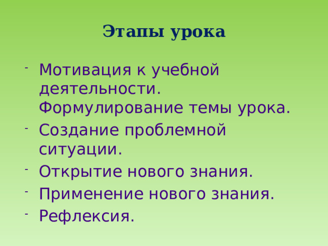 Этапы урока Мотивация к учебной деятельности. Формулирование темы урока. Создание проблемной ситуации. Открытие нового знания. Применение нового знания. Рефлексия. 