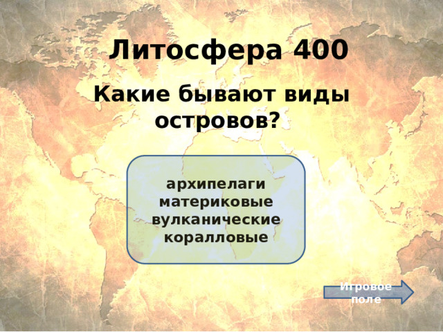 Литосфера 400 Какие бывают виды островов? архипелаги материковые вулканические коралловые Игровое поле 