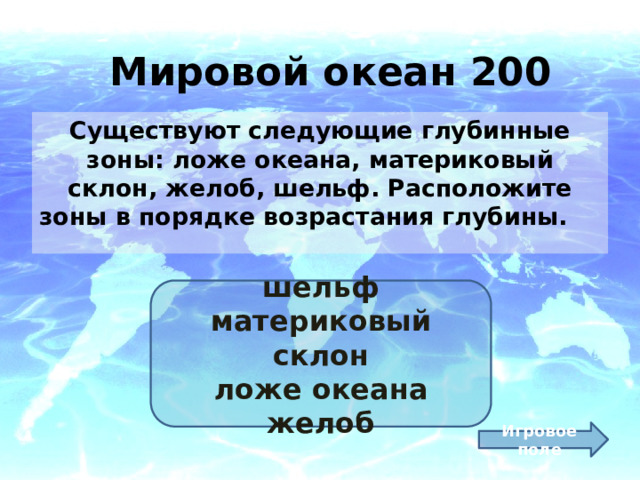 Мировой океан 200 Существуют следующие глубинные зоны: ложе океана, материковый склон, желоб, шельф. Расположите зоны в порядке возрастания глубины. шельф материковый склон ложе океана желоб Игровое поле 