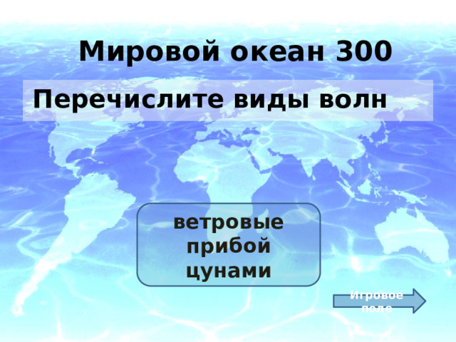Мировой океан 300 Перечислите виды волн ветровые прибой цунами Игровое поле 