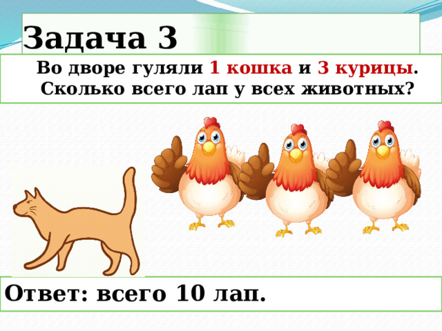 Задача 3  Во дворе гуляли 1  кошка и 3  курицы . Сколько всего лап у всех животных?    Ответ: всего 10 лап.   
