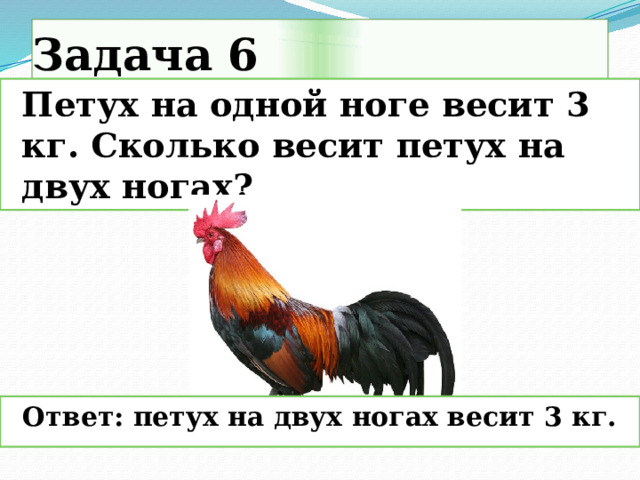 Задача 6  Петух на одной ноге весит 3 кг. Сколько весит петух на двух ногах?    Ответ: петух на двух ногах весит 3 кг.   