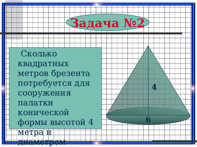 Задача №2  Сколько квадратных метров брезента потребуется для сооружения палатки конической формы высотой 4 метра и диаметром основания 6 метров ? 4 6 