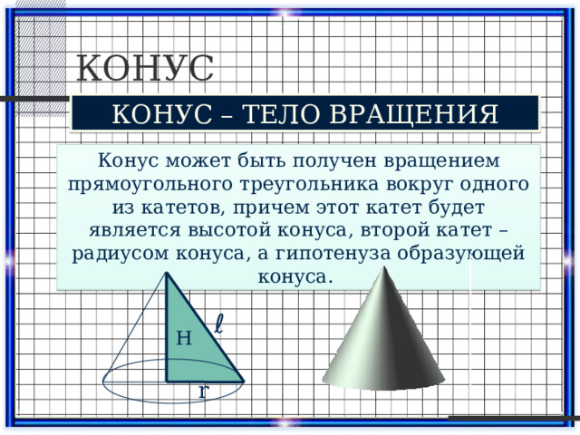 КОНУС КОНУС – ТЕЛО ВРАЩЕНИЯ Конус может быть получен вращением прямоугольного треугольника вокруг одного из катетов, причем этот катет будет является высотой конуса, второй катет – радиусом конуса, а гипотенуза образующей конуса. ℓ Н r 
