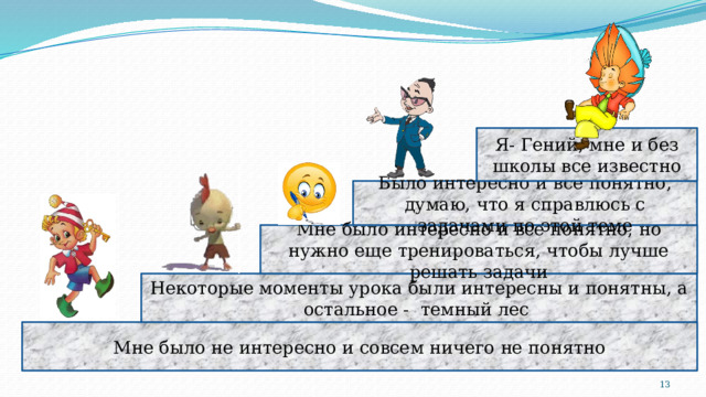 Я- Гений, мне и без школы все известно Было интересно и все понятно, думаю, что я справлюсь с задачами по этой теме Мне было интересно и все понятно, но нужно еще тренироваться, чтобы лучше решать задачи Некоторые моменты урока были интересны и понятны, а остальное - темный лес Мне было не интересно и совсем ничего не понятно  