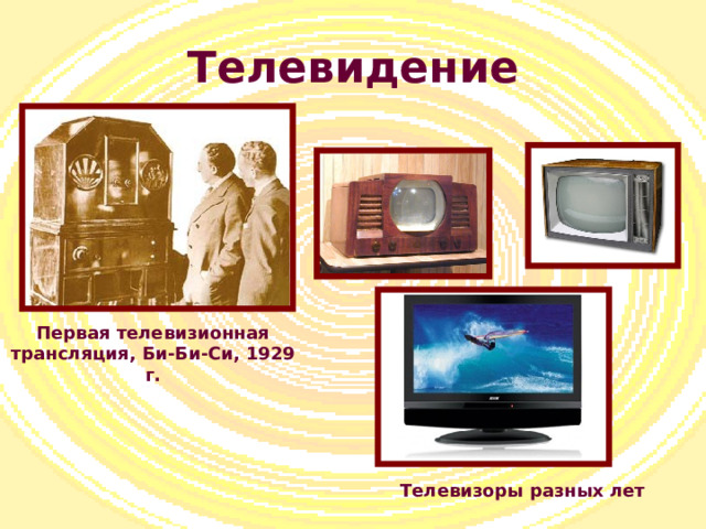 Телевидение Первая телевизионная трансляция, Би-Би-Си, 1929 г. Телевизоры разных лет 