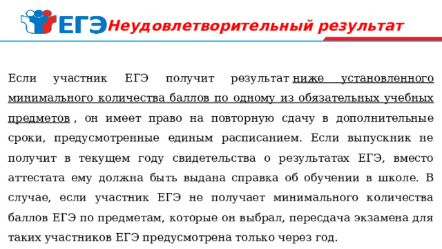 Неудовлетворительный результат  Если участник ЕГЭ получит результат  ниже установленного минимального количества баллов по одному из обязательных учебных предметов  , он имеет право на повторную сдачу в дополнительные сроки, предусмотренные единым расписанием. Если выпускник не получит в текущем году свидетельства о результатах ЕГЭ, вместо аттестата ему должна быть выдана справка об обучении в школе. В случае, если участник ЕГЭ не получает минимального количества баллов ЕГЭ по предметам, которые он выбрал, пересдача экзамена для таких участников ЕГЭ предусмотрена только через год. 