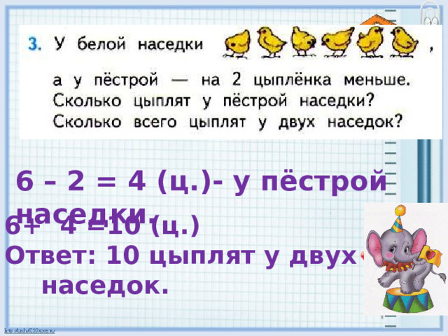 6 – 2 = 4 (ц.)- у пёстрой наседки. 6+ 4 =10 (ц.) Ответ: 10 цыплят у двух наседок. 