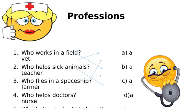 Professions Who works in a field? a) a vet Who helps sick animals? b) a teacher Who flies in a spaceship? c) a farmer Who helps doctors? d)a nurse Who helps students to learn? e)an astronout 