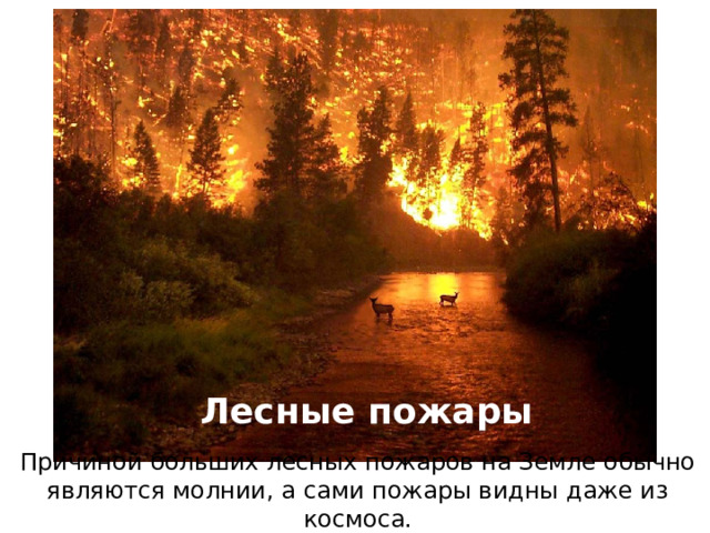 Лесные пожары Причиной больших лесных пожаров на Земле обычно являются молнии, а сами пожары видны даже из космоса. 