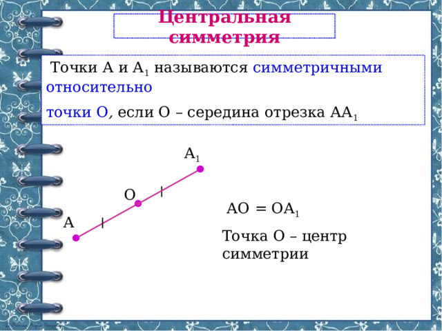 Центральная симметрия  Точки А и А 1 называются симметричными относительно точки О , если О – середина отрезка АА 1 А 1 О  АО = ОА 1 Точка О – центр симметрии А 