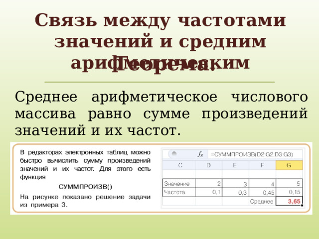 Связь между частотами значений и средним арифметическим Теорема: Среднее арифметическое числового массива равно сумме произведений значений и их частот. 