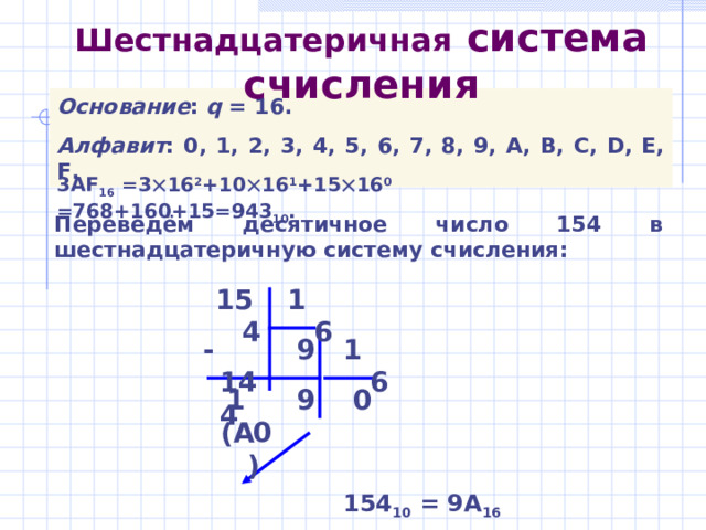 Развёрнутая форма A q =±(a n–1   q n–1 + a n–2   q n–2 +…+ a 0   q 0 + a –1   q –1 +…+ a –m   q –m )  Примеры записи чисел в развёрнутой форме: 2012=2  10 3 +0  10 2 +1  10 1 +2  10 0 0,125=1  10 -1 +2  10 -2 +5  10 –3 14351,1=1  10 4 +4  10 3 +3  10 2 +5  10 1 +1  10 0 +1  10 –1 