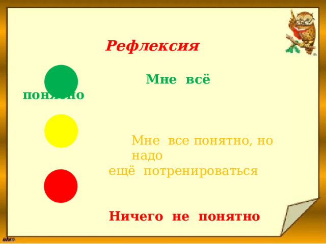             Рефлексия   Мне всё понятно    Мне все понятно, но надо  ещё потренироваться    Ничего не понятно  