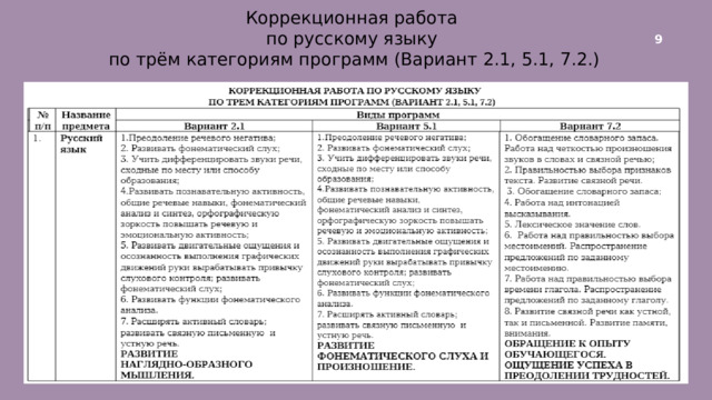 Коррекционная работа по русскому языку по трём категориям программ (Вариант 2.1, 5.1, 7.2.) 9 