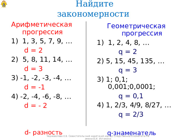 Найдите закономерности Арифметическая прогрессия 1) 1, 3, 5, 7, 9, …  d = 2 2) 5, 8, 11, 14, …  d = 3 3) -1, -2, -3, -4, …  d = -1 4) -2, -4, -6, -8, …  d = - 2 Геометрическая прогрессия 1) 1, 2, 4, 8, …  q = 2 2) 5, 15, 45, 135, …  q = 3  3) 1; 0,1; 0,001;0,0001;  q = 0,1 4) 1, 2/3, 4/9, 8/27, …  q = 2/3 d - разность q -знаменатель Черноволова Е.В. Севастопольский кадетский корпус Следственного комитета РФ имени В.И. Истомина 