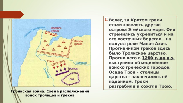 Вслед за Критом греки стали заселять другие острова Эгейского моря. Они стремились укрепиться и на его восточных берегах – на полуострове Малая Азия. Противником греков здесь было Троянское царство. Против него в 1200 г. до н.э. выступило объединённое войско греческих городов. Осада Трои – столицы царства – закончились её падением. Греки разграбили и сожгли Трою. Троянская война. Схема расположения войск троянцев и греков 