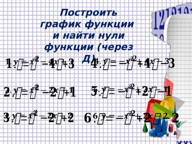 Построить график функции и найти нули функции (через Д)             