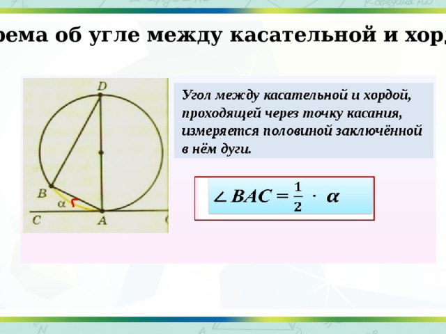 Теорема об угле между касательной и хордой Текст слайда 