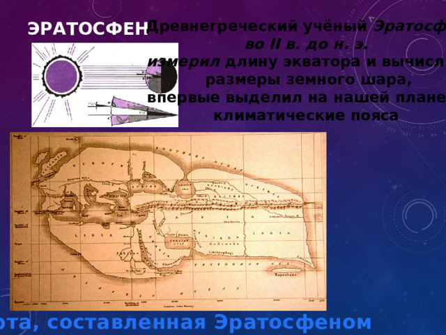 Эратосфен Древнегреческий учёный Эратосфен  во II в. до н. э. измерил длину экватора и вычислил  размеры земного шара,  впервые выделил на нашей планете климатические пояса Карта, составленная Эратосфеном 