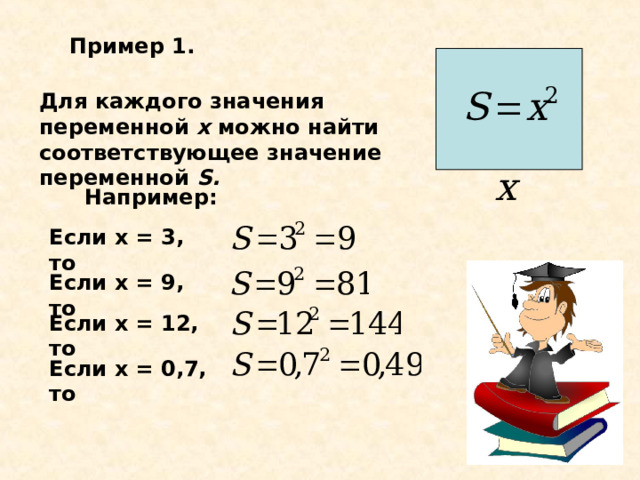 Пример 1. Для каждого значения переменной х можно найти  соответствующее значение переменной  S . Например: Если х = 3, то Если х = 9, то Если х = 12, то Если х = 0,7, то 