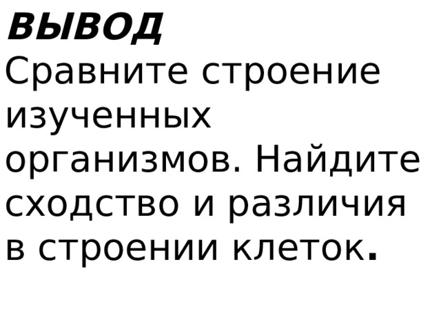 ВЫВОД Сравните строение изученных организмов. Найдите сходство и различия в строении клеток . 