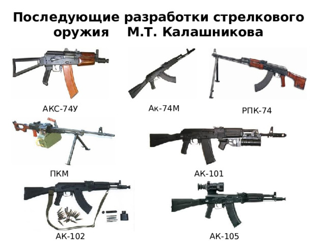 Последующие разработки стрелкового оружия М.Т. Калашникова  Ак-74М АКС-74У РПК-74 ПКМ АК-101 АК-105 АК-102 