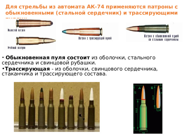 Для стрельбы из автомата АК-74 применяются патроны с обыкновенными (стальной сердечник) и трассирующими пулями.  Обыкновенная пуля состоит из оболочки, стального сердечника и свинцовой рубашки. Трассирующая  - из оболочки, свинцового сердечника, стаканчика и трассирующего состава. 