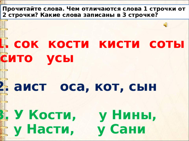 Прочитайте слова. Чем отличаются слова 1 строчки от 2 строчки? Какие слова записаны в 3 строчке? 1. сок кости кисти соты  сито усы  2. аист оса, кот, сын  3. У Кости, у Нины,  у Насти, у Сани 