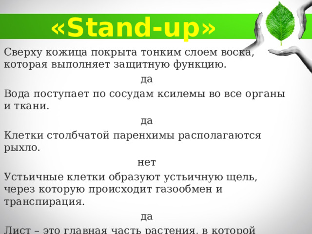 «Stand-up» Сверху кожица покрыта тонким слоем воска, которая выполняет защитную функцию. да Вода поступает по сосудам ксилемы во все органы и ткани. да Клетки столбчатой паренхимы располагаются рыхло. нет Устьичные клетки образуют устьичную щель, через которую происходит газообмен и транспирация. да Лист – это главная часть растения, в которой осуществляется процесс фотосинтеза. да 