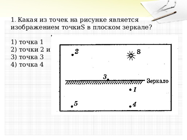 1 . Какая из точек на рисунке является изображением точкиS в плоском зеркале?   1) точка 1 2) точки 2 и 5 3) точка 3 4) точка 4 