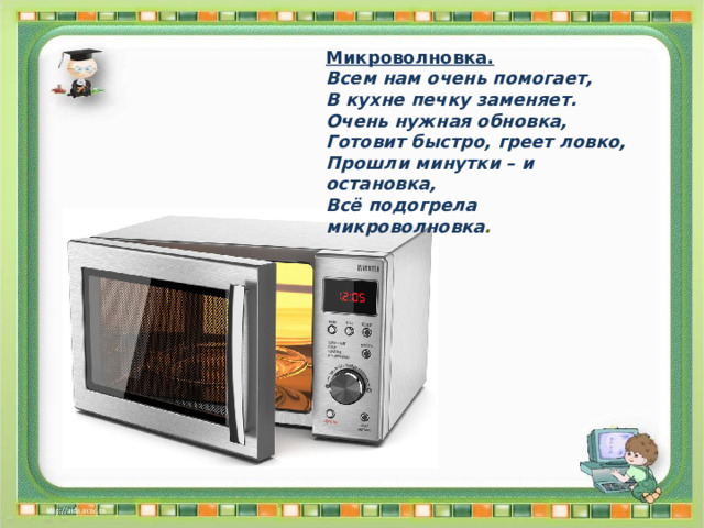Микроволновка. Всем нам очень помогает, В кухне печку заменяет. Очень нужная обновка, Готовит быстро, греет ловко, Прошли минутки – и остановка, Всё подогрела микроволновка . 