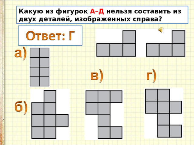 Какую из фигурок А–Д нельзя составить из двух деталей, изображенных справа? 