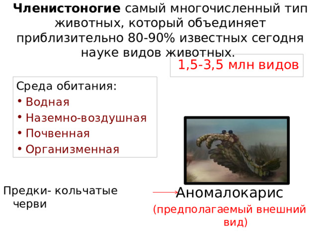 Членистоногие самый многочисленный тип животных, который объединяет приблизительно 80-90% известных сегодня науке видов животных.   1,5-3,5 млн видов Среда обитания: Водная Наземно-воздушная Почвенная Организменная Аномалокарис Предки- кольчатые черви (предполагаемый внешний вид)  