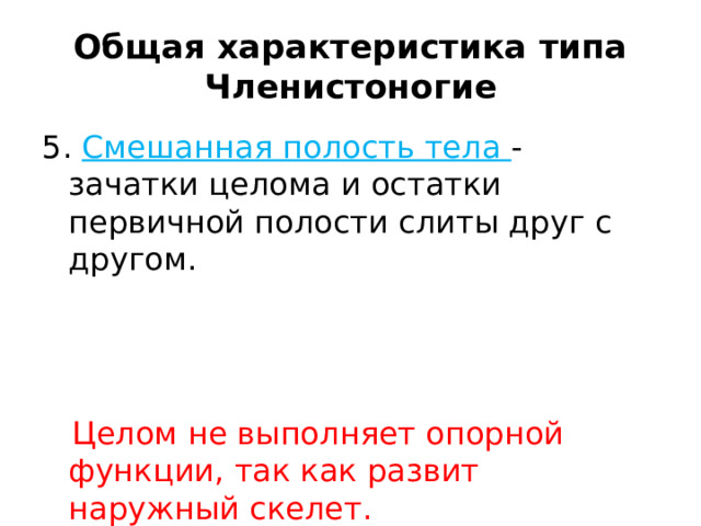 Общая характеристика типа Членистоногие 5. Смешанная полость тела - зачатки целома и остатки первичной полости слиты друг с другом.  Целом не выполняет опорной функции, так как развит наружный скелет. 