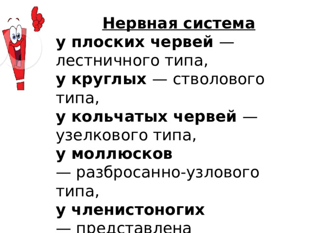 Нервная система у плоских червей — лестничного типа, у круглых — стволового типа, у кольчатых червей — узелкового типа, у моллюсков — разбросанно-узлового типа, у членистоногих — представлена окологлоточным нервным кольцом и брюшной нервной цепочкой. 