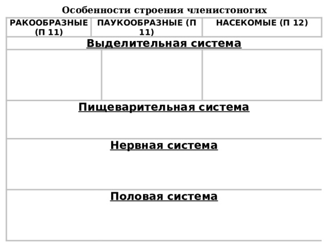Особенности строения членистоногих РАКООБРАЗНЫЕ (П 11) ПАУКООБРАЗНЫЕ (П 11) Выделительная система зелёные железы НАСЕКОМЫЕ (П 12) ( у основания усиков) Пищеварительная система почки и выделительные трубочки Нервная система перед. отдел рот → глотка → пищевод → желудок → кишечник → анальное отверстие (+ печень) выделительные трубочки, мальпигиевы сосуды укрупнение надглоточного и подглоточного узлов, Половая система брюшная нервная цепочка + органы чувств: зрение, обоняние, осязание раздельнополые Яйцо  личинка  взрослая особь Яйцо  личинка  куколка  взрослая особь 
