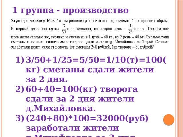 1 группа - производство сметаны, творога. 3/50+1/25=5/50=1/10(т)=100(кг) сметаны сдали жители за 2 дня. 60+40=100(кг) творога сдали за 2 дня жители д.Михайловка. (240+80)*100=32000(руб) заработали жители д.Михайловка за 2 дня  Ответ: 1/10 т сметаны, 100кг творога, 32000руб 