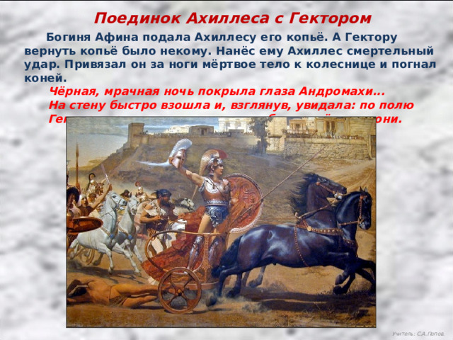 Поединок Ахиллеса с Гектором  Богиня Афина подала Ахиллесу его копьё. А Гектору вернуть копьё было некому. Нанёс ему Ахиллес смертельный удар. Привязал он за ноги мёртвое тело к колеснице и погнал коней.  Чёрная, мрачная ночь покрыла глаза Андромахи...  На стену быстро взошла и, взглянув, увидала: по полю  Гектора прочь волокли от стены быстролётные кони. Учитель: С.А.Попов. 