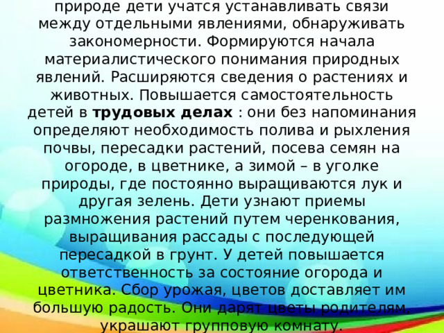 В подготовительной группе в процессе  труда  в природе дети учатся устанавливать связи между отдельными явлениями, обнаруживать закономерности. Формируются начала материалистического понимания природных явлений. Расширяются сведения о растениях и животных. Повышается самостоятельность детей в  трудовых делах  : они без напоминания определяют необходимость полива и рыхления почвы, пересадки растений, посева семян на огороде, в цветнике, а зимой – в уголке природы, где постоянно выращиваются лук и другая зелень. Дети узнают приемы размножения растений путем черенкования, выращивания рассады с последующей пересадкой в грунт. У детей повышается ответственность за состояние огорода и цветника. Сбор урожая, цветов доставляет им большую радость. Они дарят цветы родителям, украшают групповую комнату. 